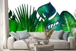 Naklejka: Gouache summer seamless border with mixed tropical leaves