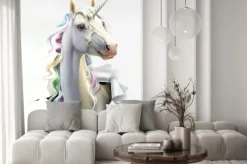 Naklejka: Głowa jednorożca z tęczowymi włosami