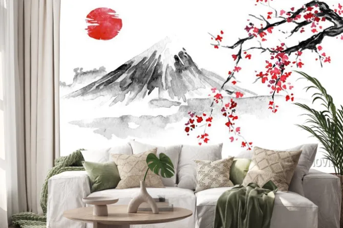 Naklejka: Góra i kwitnąca gałąź wiśni japońska ilustracja sumi-e