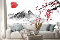 Naklejka: Góra i kwitnąca gałąź wiśni japońska ilustracja sumi-e