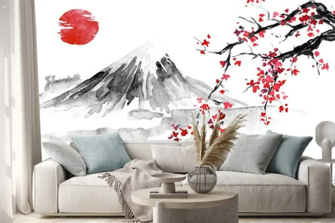 Naklejka: Góra i kwitnąca gałąź wiśni japońska ilustracja sumi-e