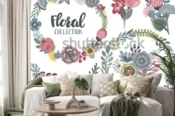 Naklejka: Grafika wektorowa zestaw z pięknych kwiatów, wieniec kwiatowy,