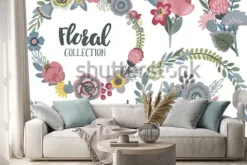 Naklejka: Grafika wektorowa zestaw z pięknych kwiatów, wieniec kwiatowy,