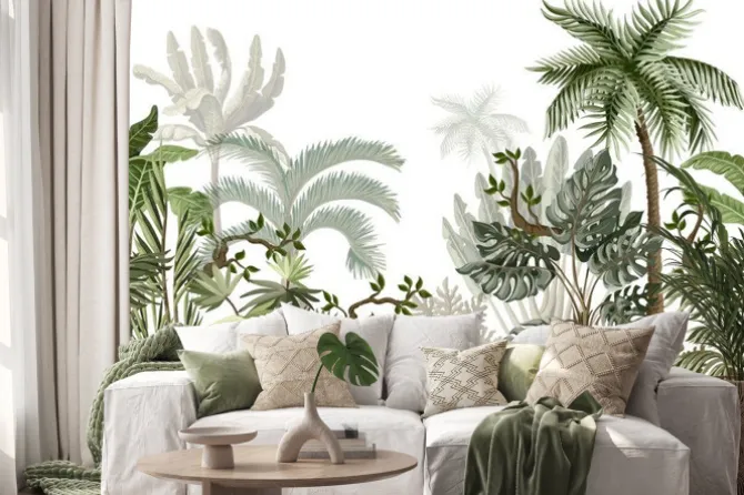 Naklejka: Grafika z tropikalną roślinnością na białym tle