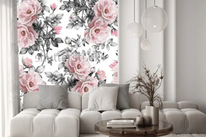 Naklejka: Grafitowe liście z różanymi pąkami