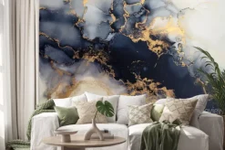 Naklejka: Granatowo-biały marmur ze złotawymi zdobieniami