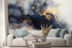 Naklejka: Granatowo-biały marmur ze złotawymi zdobieniami