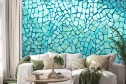 Naklejka: Green broken tiles mosaic seamless pattern. cement tile pattern,