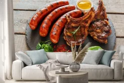 Naklejka: Grillowane kiełbaski i stek na grillu kości