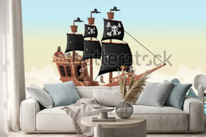 Naklejka: Group of cartoon pirates on a ship at the sea