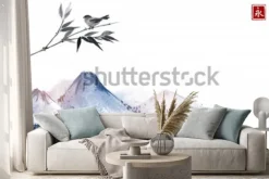 Naklejka: Góry i mały ptak na bambusowej gałąź. hieroglif - wieczność.