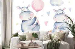 Naklejka: Hand drawn cute isolated tropical summer watercolor hippo animals.