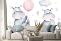 Naklejka: Hand drawn cute isolated tropical summer watercolor hippo animals.