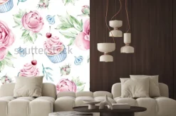 Naklejka: Hand drawn watercolor pattern with cupcake and floral elements.romantic