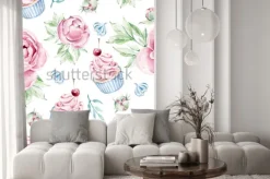 Naklejka: Hand drawn watercolor pattern with cupcake and floral elements.romantic