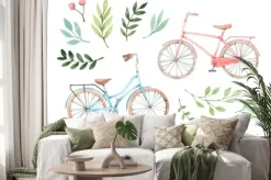 Naklejka: Hand drawn watercolor illustration - romantic bike with floral