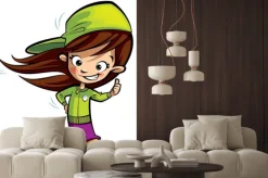 Naklejka: Happy cute girl na deskorolce dokonywania kciuki gest