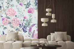 Naklejka: Hortensje i polne kwiaty na błękitnym tle