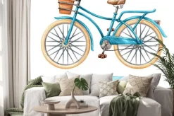 Naklejka: Ilustracja akwarele, rower niebieski, retro rower, puste wstążki