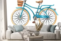 Naklejka: Ilustracja akwarele, rower niebieski, retro rower, puste wstążki