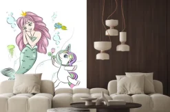 Naklejka: Ilustracja bajkowa syrenki i jednorożca