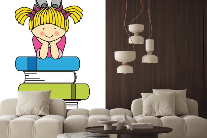 Naklejka: Ilustracja dla dzieci z dziewczynką i książkami
