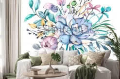 Naklejka: Ilustracja kwiat akwarela, kwiatowy niebieski, fioletowy, różowy