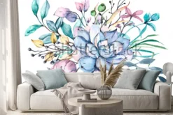 Naklejka: Ilustracja kwiat akwarela, kwiatowy niebieski, fioletowy, różowy