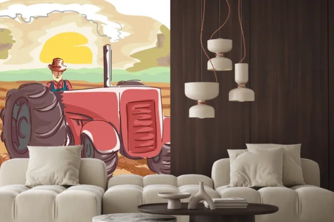 Naklejka: Ilustracja rolnika na traktorze