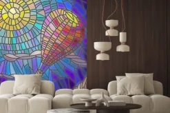 Naklejka: Ilustracja w stylu szkła barwionego balonem na tle nieba i słońca