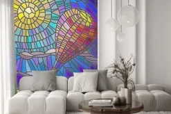 Naklejka: Ilustracja w stylu szkła barwionego balonem na tle nieba i słońca