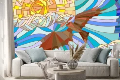 Naklejka: Ilustracja w stylu szkła barwionego z rocznika samolotów na niebie,