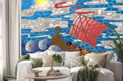 Naklejka: Ilustracja w stylu szkła barwionego w antyczne statku z morza,