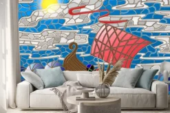 Naklejka: Ilustracja w stylu szkła barwionego w antyczne statku z morza,