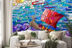 Naklejka: Ilustracja w stylu szkła barwionego w antyczne statku z morza,