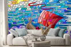 Naklejka: Ilustracja w stylu szkła barwionego w antyczne statku z morza,