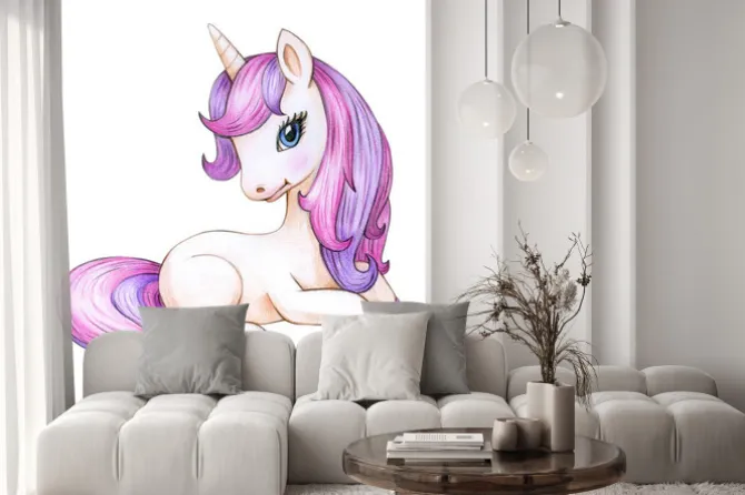 Naklejka: Ilustracja z różowym jednorożcem na białym tle