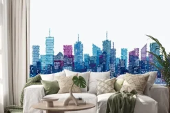 Naklejka: Ilustracja z wieżowcami w niebiesko-filetowych kolorach