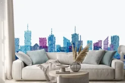 Naklejka: Ilustracja z wieżowcami w niebiesko-filetowych kolorach