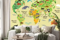 Naklejka: Ilustracyjna mapa świata ze zwierzętami dla dzieci