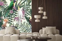 Naklejka: Ilustrowane kwiaty liście i egzotyczne ptaki