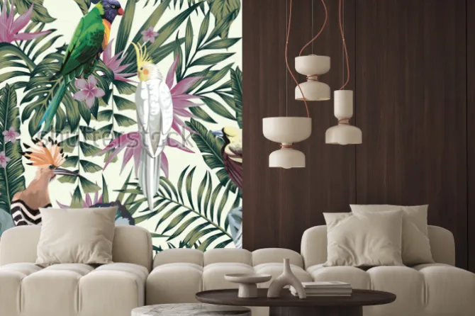 Naklejka: Ilustrowane kwiaty liście i egzotyczne ptaki