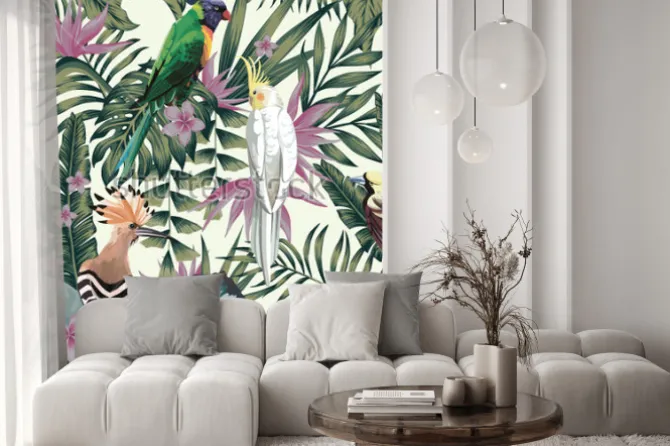 Naklejka: Ilustrowane kwiaty liście i egzotyczne ptaki