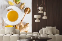 Naklejka: Imbir herbata i składników na białym tle drewna