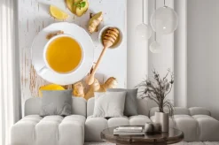 Naklejka: Imbir herbata i składników na białym tle drewna