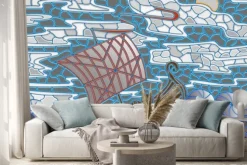 Naklejka: Imitacja witrażu z wikingowskim statkiem