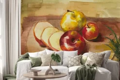 Naklejka: Jabłka na pokładzie cięcia wciąż życie akwarela malowanie