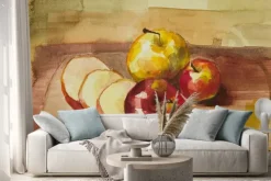 Naklejka: Jabłka na pokładzie cięcia wciąż życie akwarela malowanie