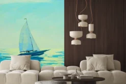 Naklejka: Jacht z żaglem w porannym morzem śródziemnym, malowanie