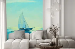 Naklejka: Jacht z żaglem w porannym morzem śródziemnym, malowanie